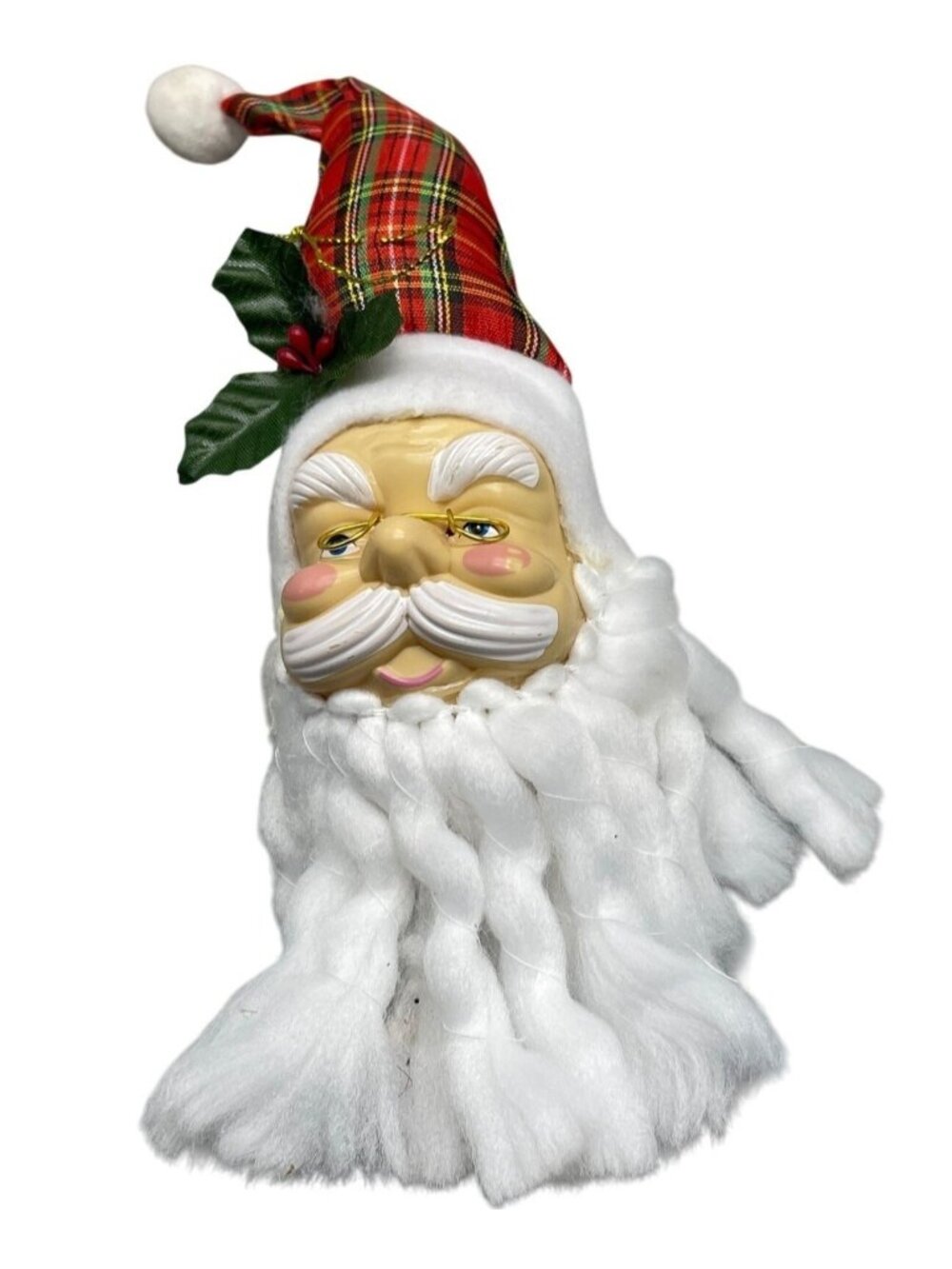 Christmas figurine Santa head tree ornament red holly plaid red white READ
